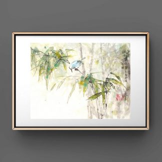 Blauer Vogel,bambus,bamboo,Schnecke,bluebird,sumie painting chinesische Tusche japanische Tusche Malerei janpanises chinese ink painting，wall decoration, Wanddekoration